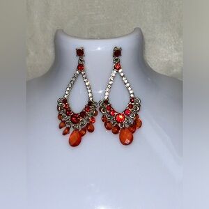 Vintage Style Red Gold Rhinestone & Beaded Chandelier Earrings